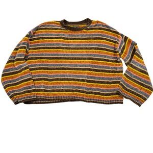 Volcom Women's XL Chenille Striped Cropped Crew Neck Sweater Brown Orange Yellow